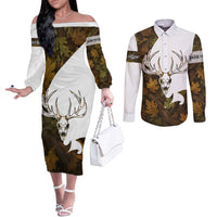 Custom Deer Hunting Skull Couples Matching Off The Shoulder Long Sleeve Dress and Long Sleeve Button Shirt with Antlers Graphic on Autumn Leaf Camo Background - Wonder Print Shop
