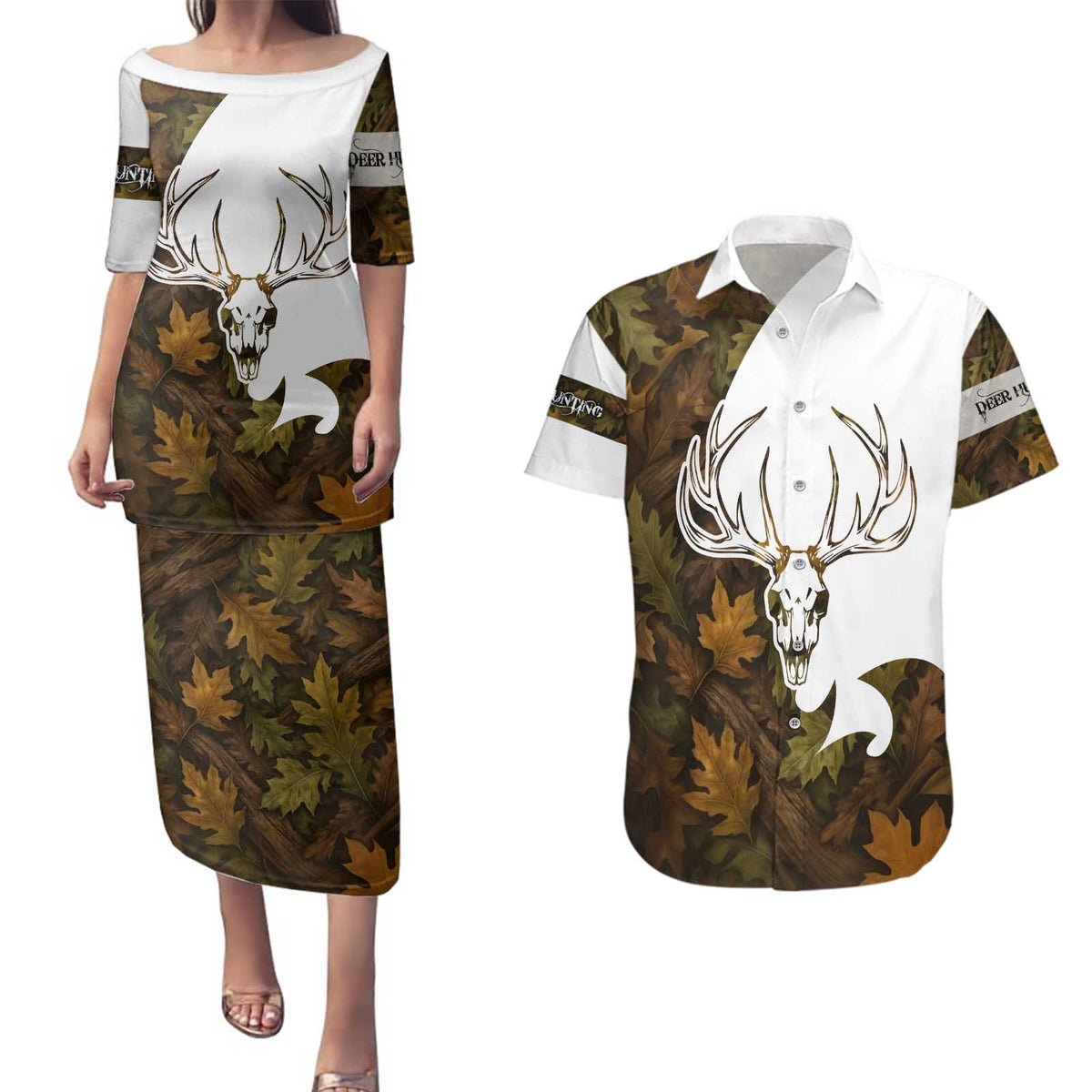 Custom Deer Hunting Skull Couples Matching Puletasi and Hawaiian Shirt with Antlers Graphic on Autumn Leaf Camo Background - Wonder Print Shop