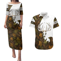 Custom Deer Hunting Skull Couples Matching Puletasi and Hawaiian Shirt with Antlers Graphic on Autumn Leaf Camo Background - Wonder Print Shop