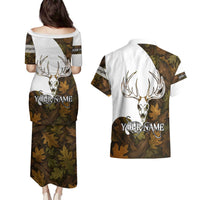 Custom Deer Hunting Skull Couples Matching Puletasi and Hawaiian Shirt with Antlers Graphic on Autumn Leaf Camo Background - Wonder Print Shop