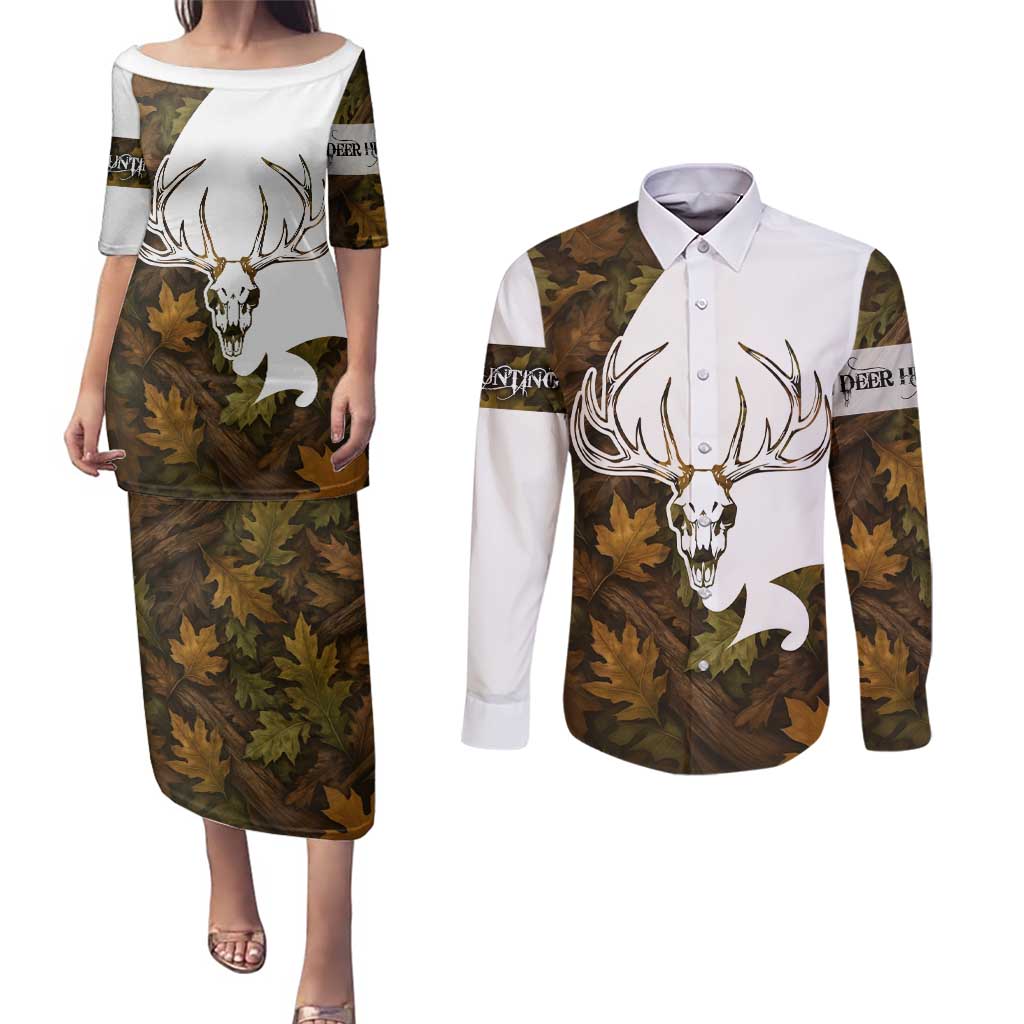 Custom Deer Hunting Skull Couples Matching Puletasi and Long Sleeve Button Shirt with Antlers Graphic on Autumn Leaf Camo Background - Wonder Print Shop