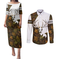 Custom Deer Hunting Skull Couples Matching Puletasi and Long Sleeve Button Shirt with Antlers Graphic on Autumn Leaf Camo Background - Wonder Print Shop