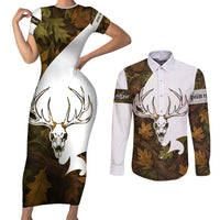 Custom Deer Hunting Skull Couples Matching Short Sleeve Bodycon Dress and Long Sleeve Button Shirt with Antlers Graphic on Autumn Leaf Camo Background - Wonder Print Shop