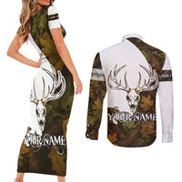 Custom Deer Hunting Skull Couples Matching Short Sleeve Bodycon Dress and Long Sleeve Button Shirt with Antlers Graphic on Autumn Leaf Camo Background - Wonder Print Shop