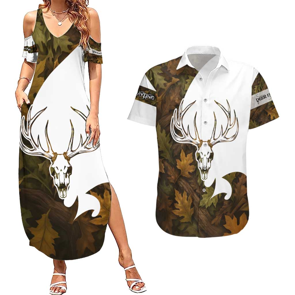 Custom Deer Hunting Skull Couples Matching Summer Maxi Dress and Hawaiian Shirt with Antlers Graphic on Autumn Leaf Camo Background - Wonder Print Shop