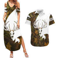 Custom Deer Hunting Skull Couples Matching Summer Maxi Dress and Hawaiian Shirt with Antlers Graphic on Autumn Leaf Camo Background - Wonder Print Shop