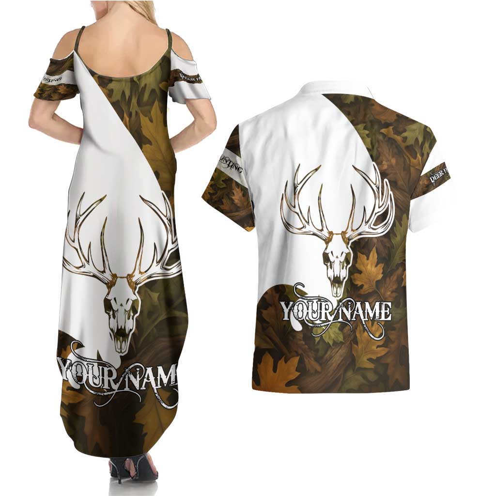 Custom Deer Hunting Skull Couples Matching Summer Maxi Dress and Hawaiian Shirt with Antlers Graphic on Autumn Leaf Camo Background - Wonder Print Shop