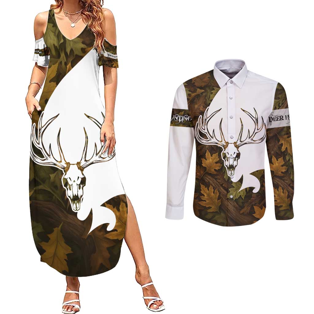 Custom Deer Hunting Skull Couples Matching Summer Maxi Dress and Long Sleeve Button Shirt with Antlers Graphic on Autumn Leaf Camo Background - Wonder Print Shop