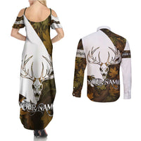 Custom Deer Hunting Skull Couples Matching Summer Maxi Dress and Long Sleeve Button Shirt with Antlers Graphic on Autumn Leaf Camo Background - Wonder Print Shop