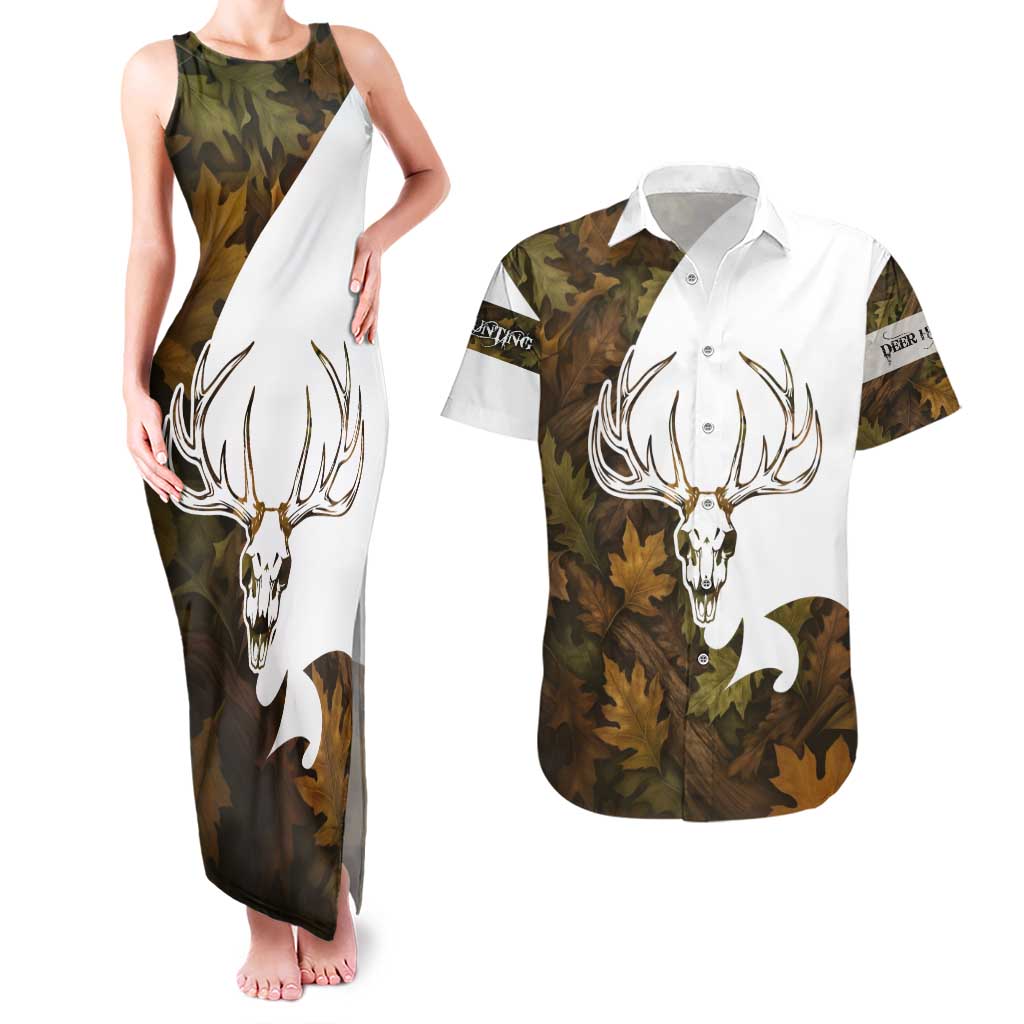 Custom Deer Hunting Skull Couples Matching Tank Maxi Dress and Hawaiian Shirt with Antlers Graphic on Autumn Leaf Camo Background - Wonder Print Shop