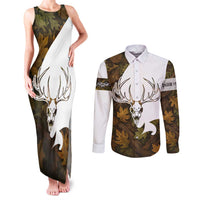 Custom Deer Hunting Skull Couples Matching Tank Maxi Dress and Long Sleeve Button Shirt with Antlers Graphic on Autumn Leaf Camo Background - Wonder Print Shop