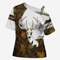 Custom Deer Hunting Skull Cross Shoulder Shirt with Antlers Graphic on Autumn Leaf Camo Background - Wonder Print Shop