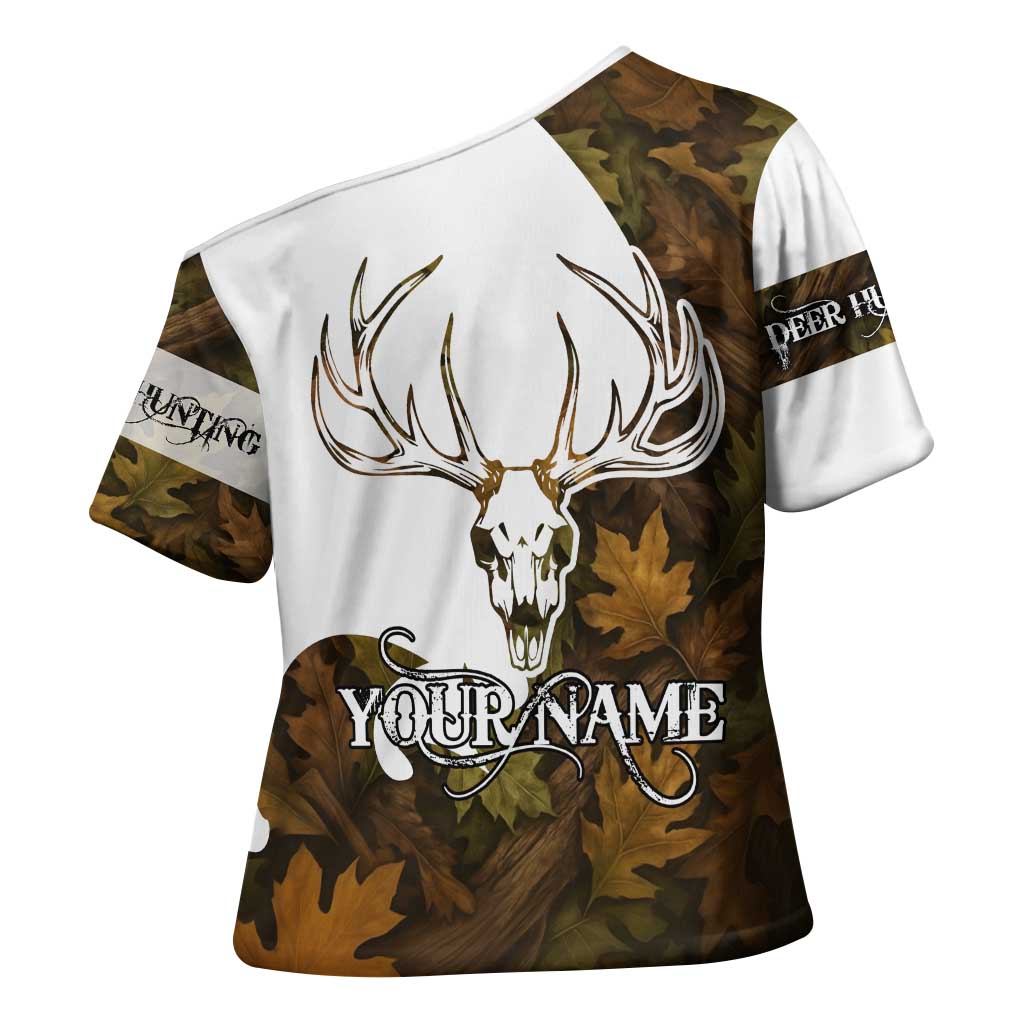 Custom Deer Hunting Skull Cross Shoulder Shirt with Antlers Graphic on Autumn Leaf Camo Background - Wonder Print Shop