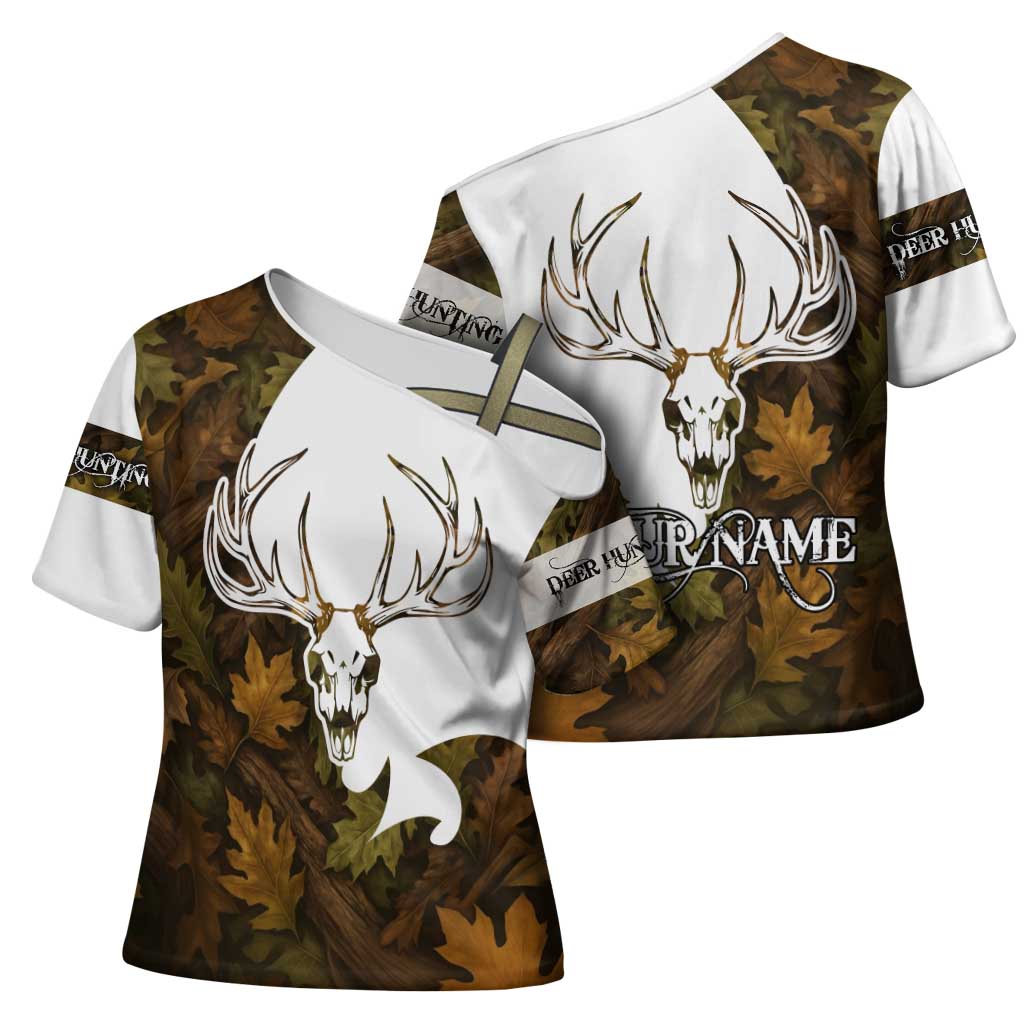 Custom Deer Hunting Skull Cross Shoulder Shirt with Antlers Graphic on Autumn Leaf Camo Background - Wonder Print Shop
