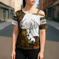 Custom Deer Hunting Skull Cross Shoulder Shirt with Antlers Graphic on Autumn Leaf Camo Background - Wonder Print Shop