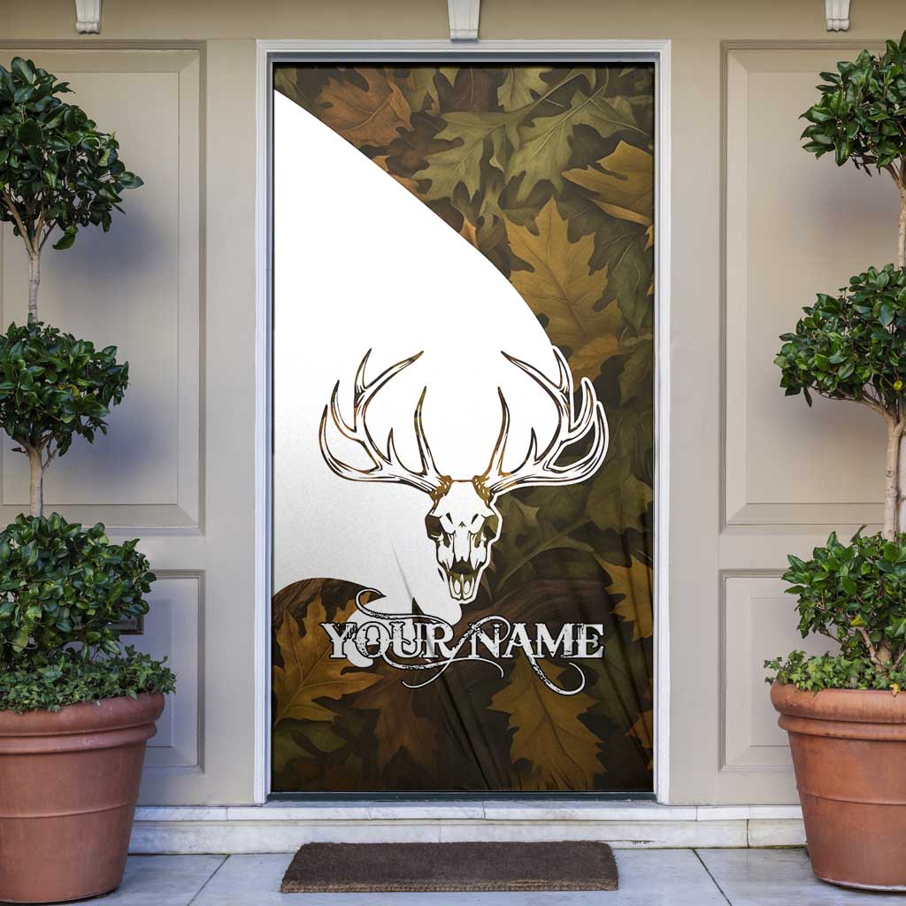 Custom Deer Hunting Skull Door Cover with Antlers Graphic on Autumn Leaf Camo Background - Wonder Print Shop