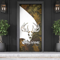 Custom Deer Hunting Skull Door Cover with Antlers Graphic on Autumn Leaf Camo Background - Wonder Print Shop