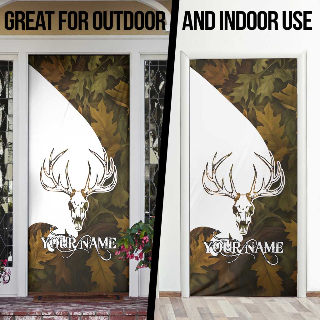 Custom Deer Hunting Skull Door Cover with Antlers Graphic on Autumn Leaf Camo Background - Wonder Print Shop