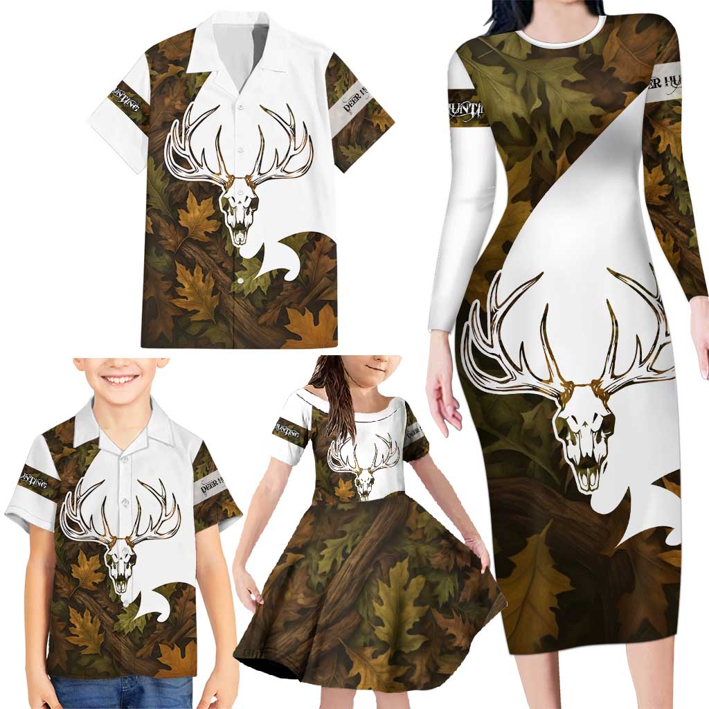 Custom Deer Hunting Skull Family Matching Long Sleeve Bodycon Dress and Hawaiian Shirt with Antlers Graphic on Autumn Leaf Camo Background - Wonder Print Shop