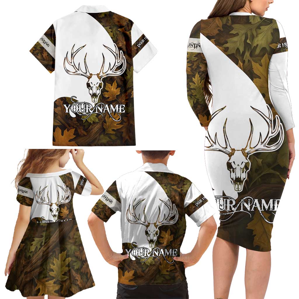 Custom Deer Hunting Skull Family Matching Long Sleeve Bodycon Dress and Hawaiian Shirt with Antlers Graphic on Autumn Leaf Camo Background - Wonder Print Shop