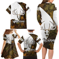 Custom Deer Hunting Skull Family Matching Long Sleeve Bodycon Dress and Hawaiian Shirt with Antlers Graphic on Autumn Leaf Camo Background - Wonder Print Shop