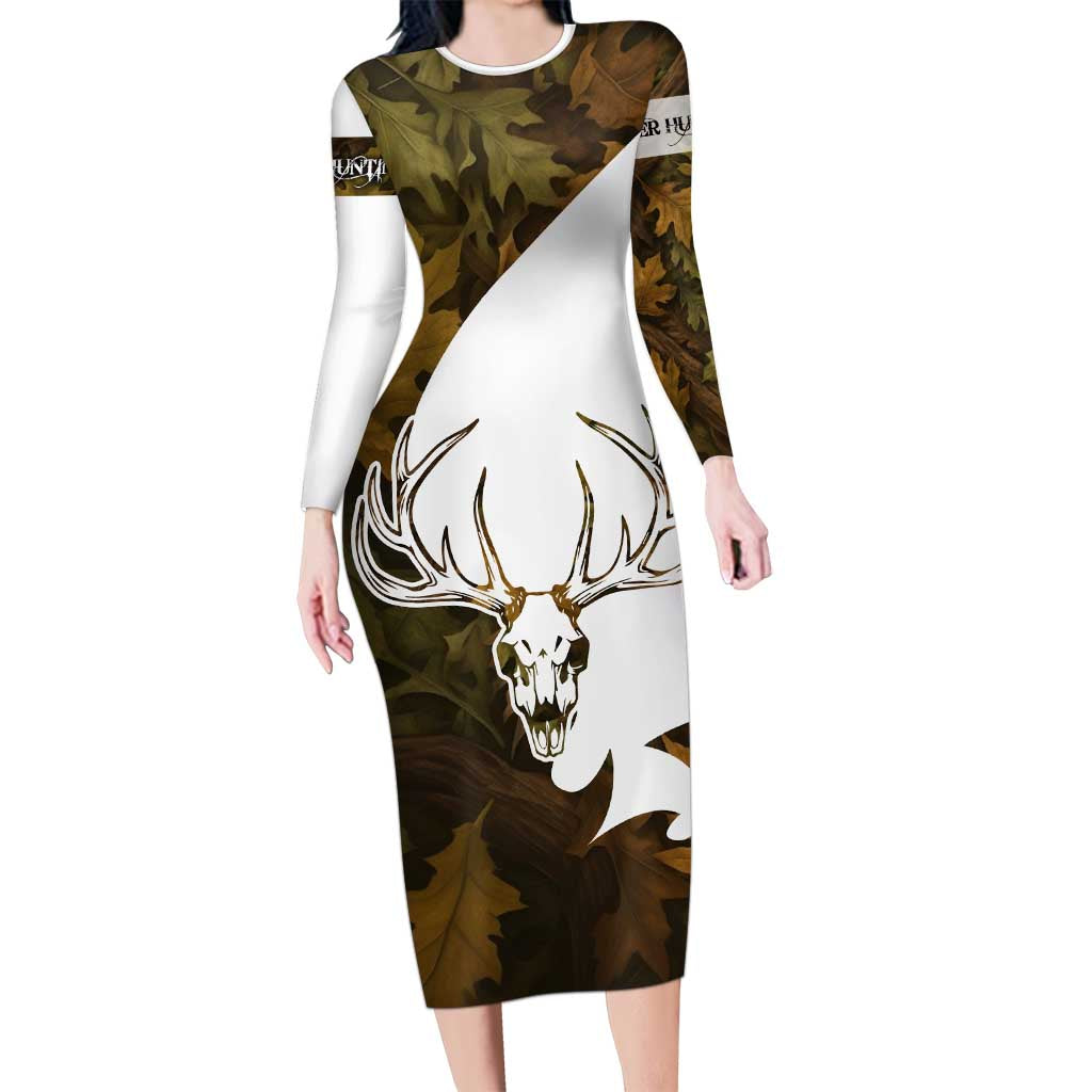 Custom Deer Hunting Skull Family Matching Long Sleeve Bodycon Dress and Hawaiian Shirt with Antlers Graphic on Autumn Leaf Camo Background - Wonder Print Shop