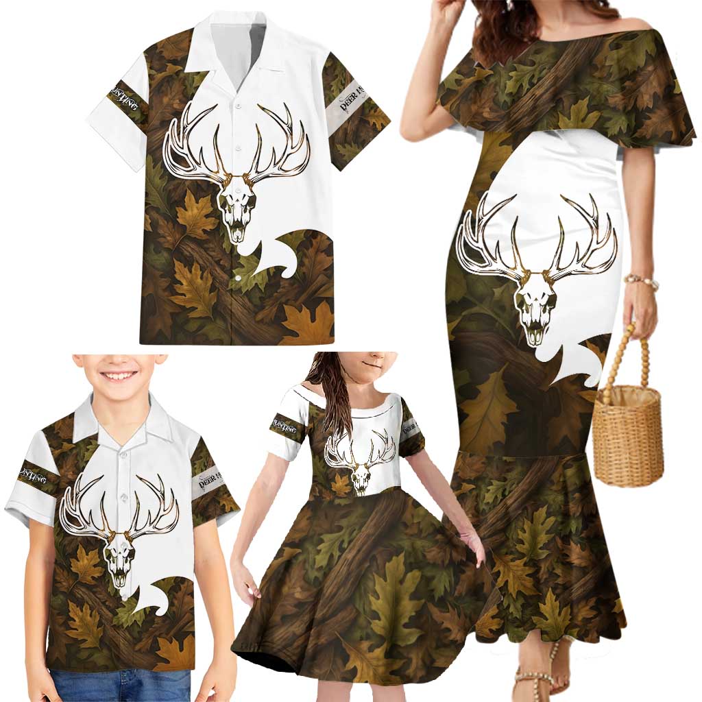Custom Deer Hunting Skull Family Matching Mermaid Dress and Hawaiian Shirt with Antlers Graphic on Autumn Leaf Camo Background - Wonder Print Shop