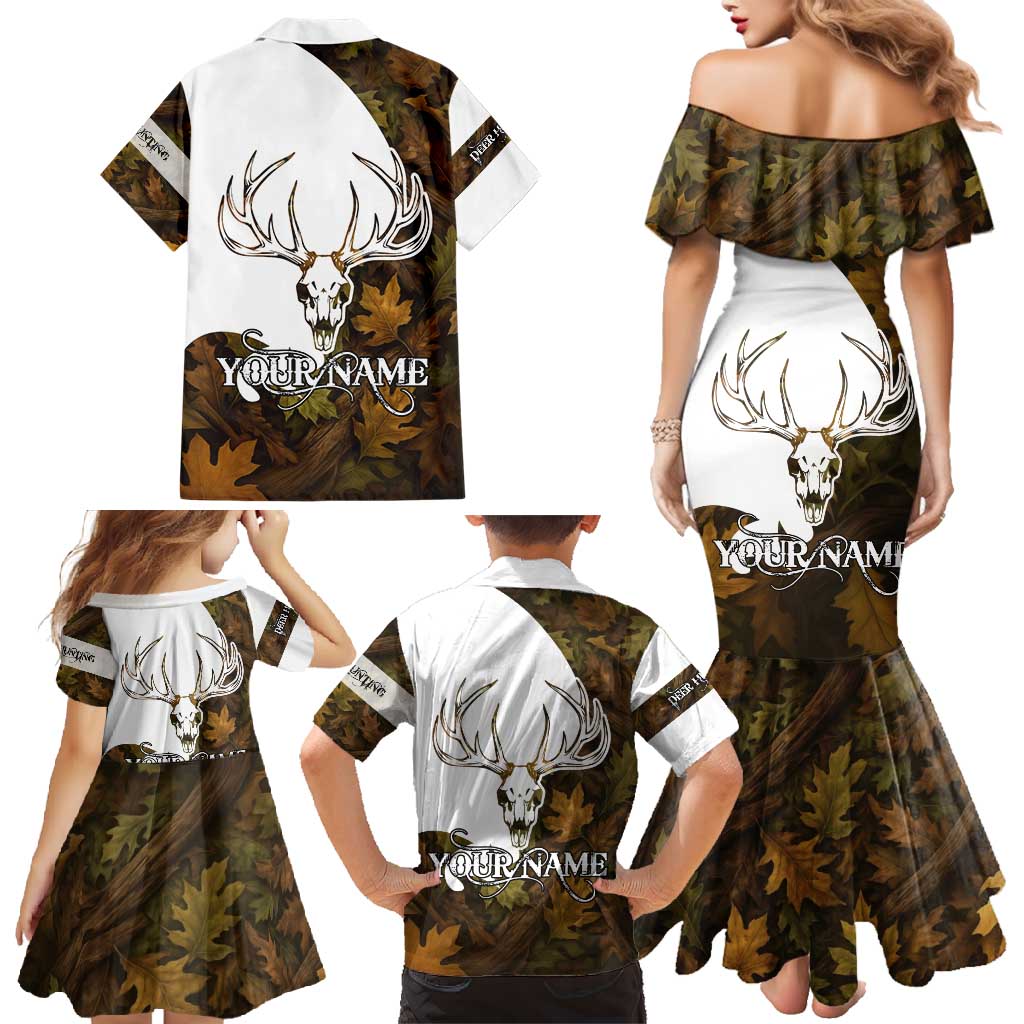 Custom Deer Hunting Skull Family Matching Mermaid Dress and Hawaiian Shirt with Antlers Graphic on Autumn Leaf Camo Background - Wonder Print Shop