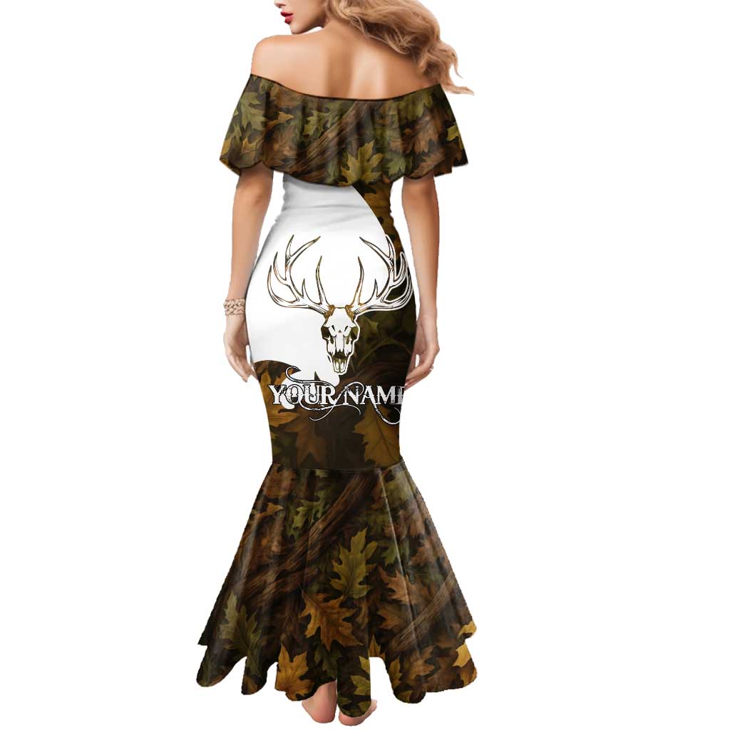 Custom Deer Hunting Skull Family Matching Mermaid Dress and Hawaiian Shirt with Antlers Graphic on Autumn Leaf Camo Background - Wonder Print Shop