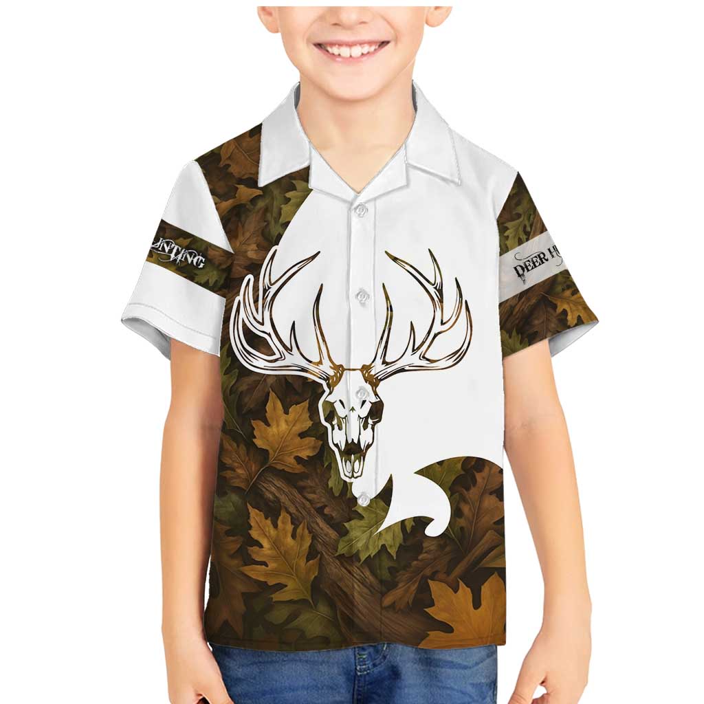 Custom Deer Hunting Skull Family Matching Mermaid Dress and Hawaiian Shirt with Antlers Graphic on Autumn Leaf Camo Background - Wonder Print Shop