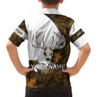 Custom Deer Hunting Skull Family Matching Off The Shoulder Long Sleeve Dress and Hawaiian Shirt with Antlers Graphic on Autumn Leaf Camo Background - Wonder Print Shop