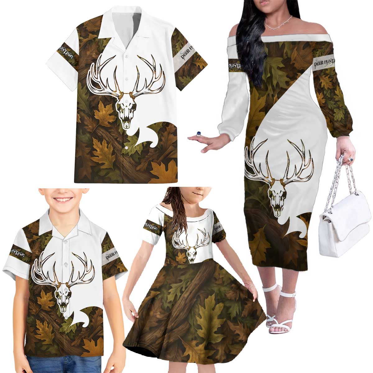 Custom Deer Hunting Skull Family Matching Off The Shoulder Long Sleeve Dress and Hawaiian Shirt with Antlers Graphic on Autumn Leaf Camo Background - Wonder Print Shop