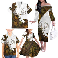 Custom Deer Hunting Skull Family Matching Off The Shoulder Long Sleeve Dress and Hawaiian Shirt with Antlers Graphic on Autumn Leaf Camo Background - Wonder Print Shop