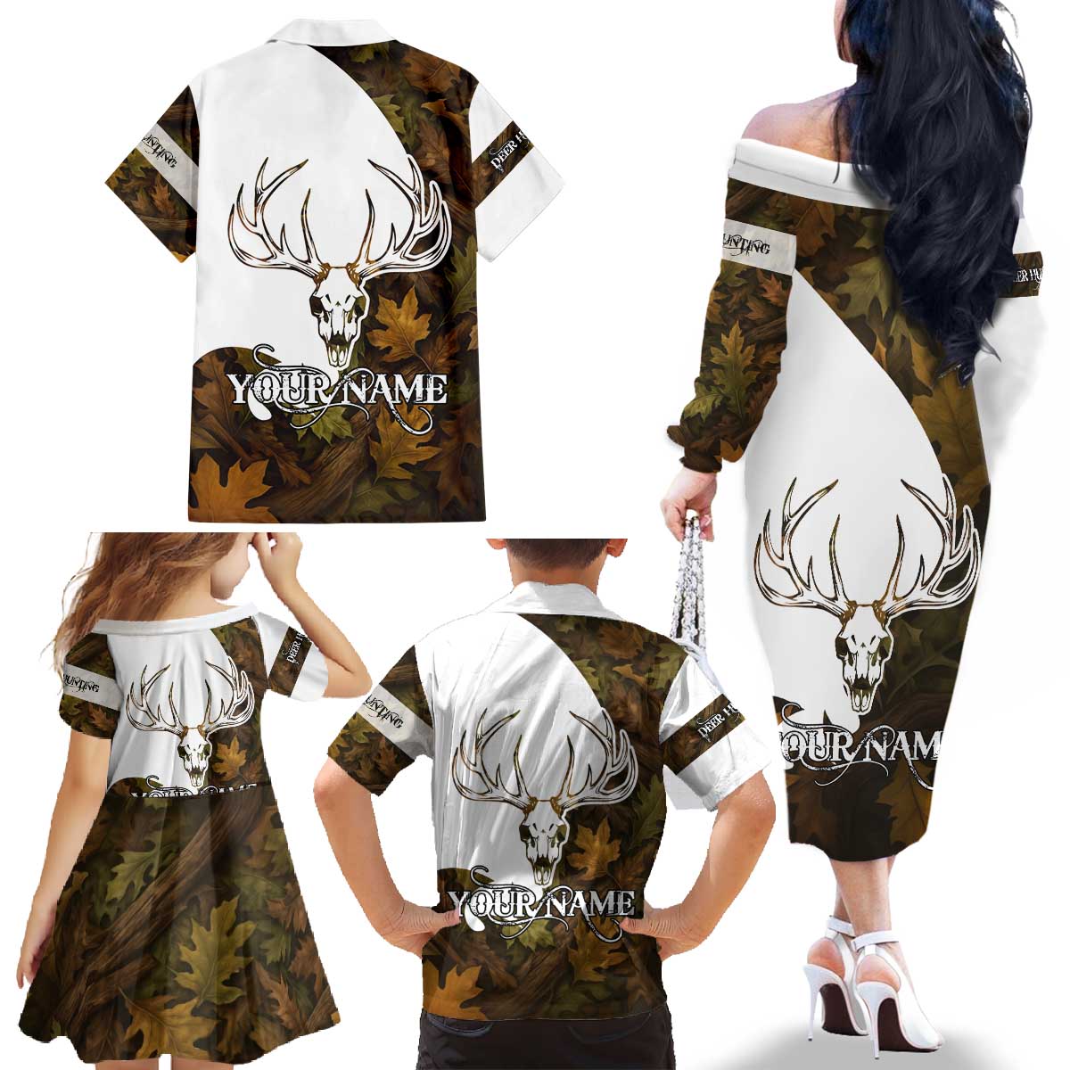 Custom Deer Hunting Skull Family Matching Off The Shoulder Long Sleeve Dress and Hawaiian Shirt with Antlers Graphic on Autumn Leaf Camo Background - Wonder Print Shop