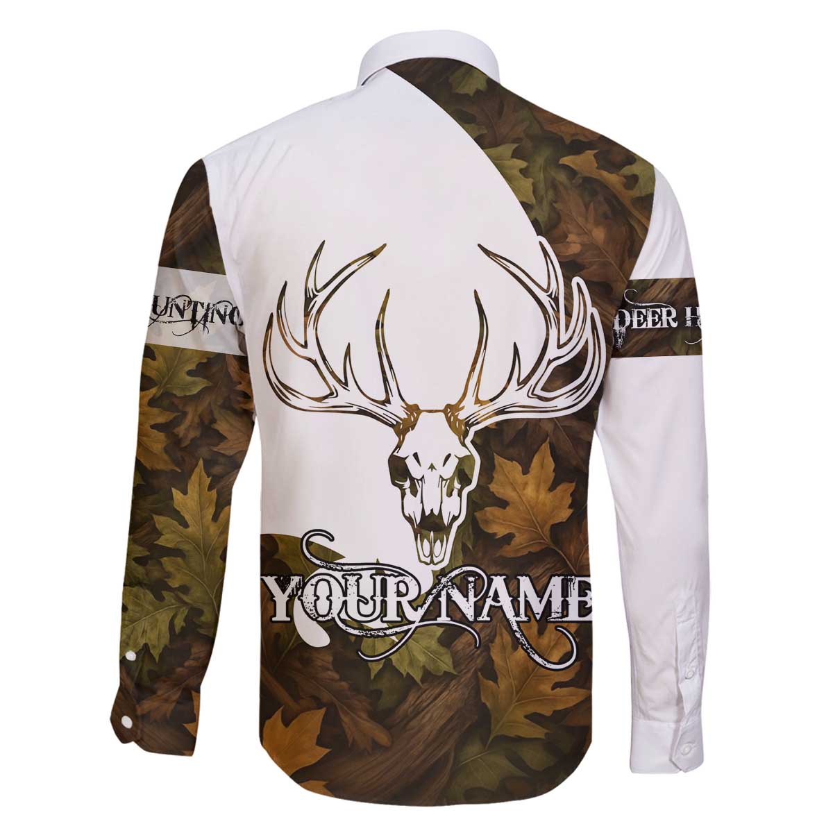 Custom Deer Hunting Skull Family Matching Off The Shoulder Long Sleeve Dress and Hawaiian Shirt with Antlers Graphic on Autumn Leaf Camo Background - Wonder Print Shop