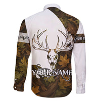 Custom Deer Hunting Skull Family Matching Off The Shoulder Long Sleeve Dress and Hawaiian Shirt with Antlers Graphic on Autumn Leaf Camo Background - Wonder Print Shop