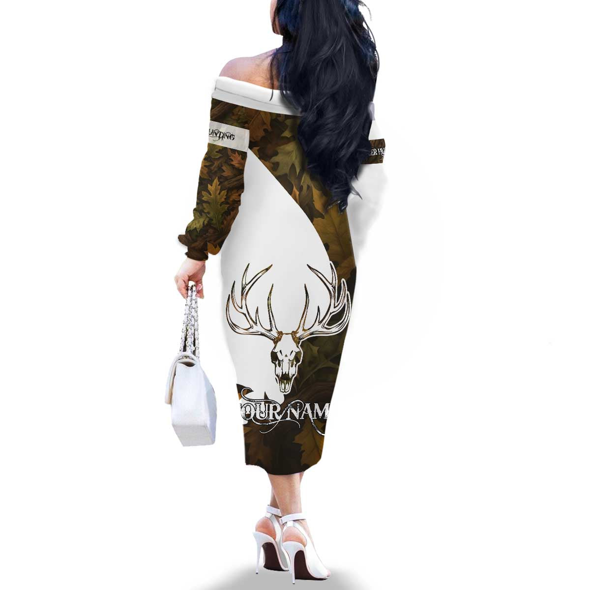 Custom Deer Hunting Skull Family Matching Off The Shoulder Long Sleeve Dress and Hawaiian Shirt with Antlers Graphic on Autumn Leaf Camo Background - Wonder Print Shop