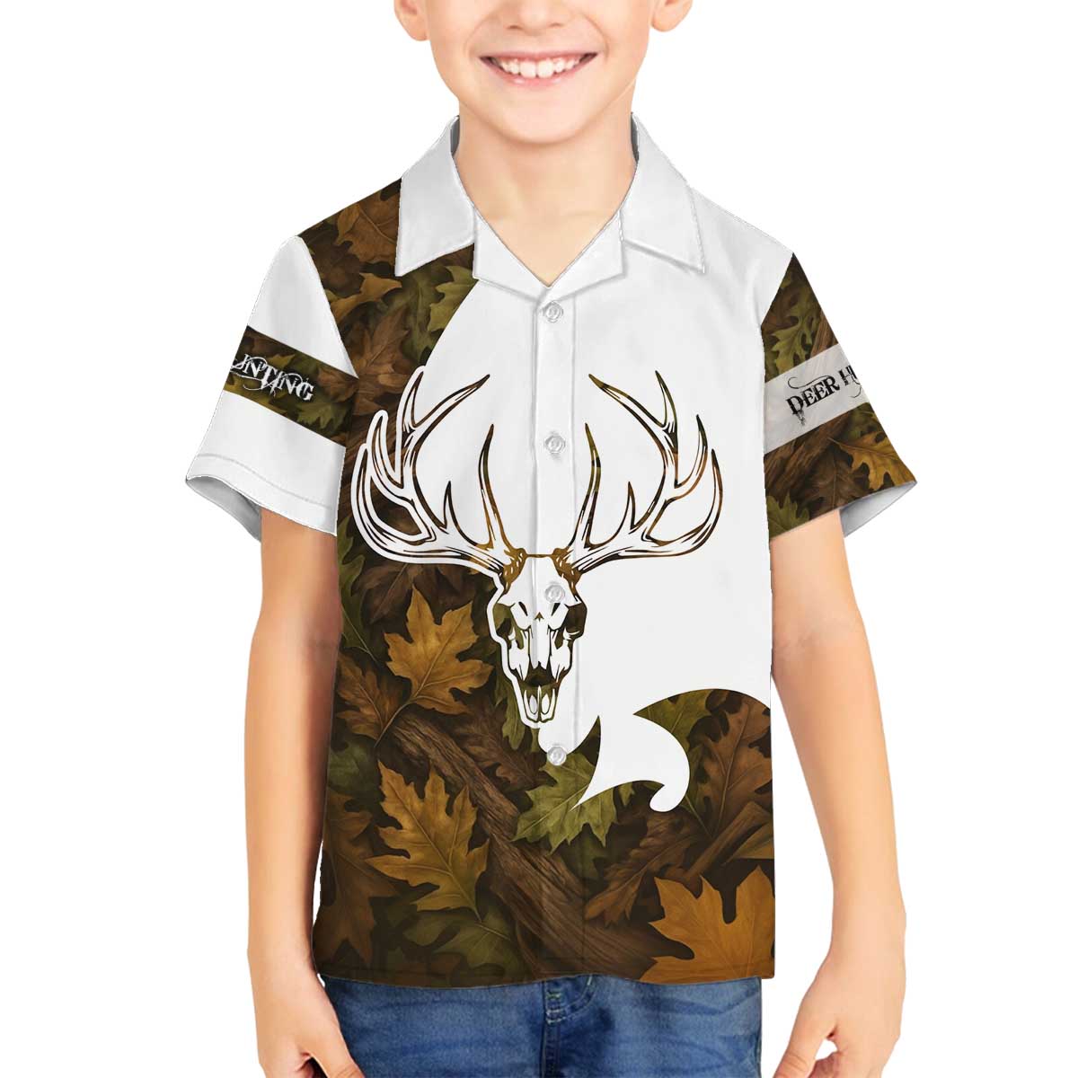 Custom Deer Hunting Skull Family Matching Off The Shoulder Long Sleeve Dress and Hawaiian Shirt with Antlers Graphic on Autumn Leaf Camo Background - Wonder Print Shop