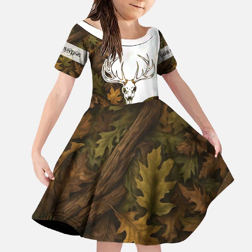 Custom Deer Hunting Skull Family Matching Off Shoulder Maxi Dress and Hawaiian Shirt with Antlers Graphic on Autumn Leaf Camo Background - Wonder Print Shop