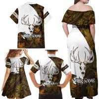 Custom Deer Hunting Skull Family Matching Off Shoulder Maxi Dress and Hawaiian Shirt with Antlers Graphic on Autumn Leaf Camo Background - Wonder Print Shop