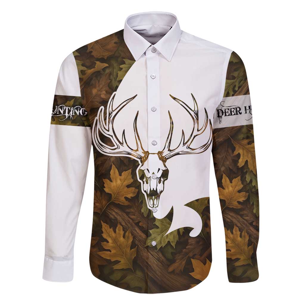 Custom Deer Hunting Skull Family Matching Off Shoulder Maxi Dress and Hawaiian Shirt with Antlers Graphic on Autumn Leaf Camo Background - Wonder Print Shop