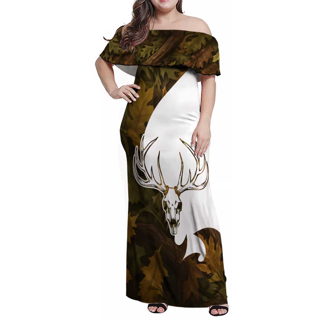 Custom Deer Hunting Skull Family Matching Off Shoulder Maxi Dress and Hawaiian Shirt with Antlers Graphic on Autumn Leaf Camo Background - Wonder Print Shop