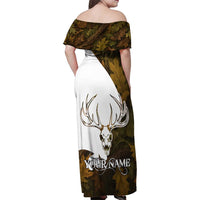 Custom Deer Hunting Skull Family Matching Off Shoulder Maxi Dress and Hawaiian Shirt with Antlers Graphic on Autumn Leaf Camo Background - Wonder Print Shop