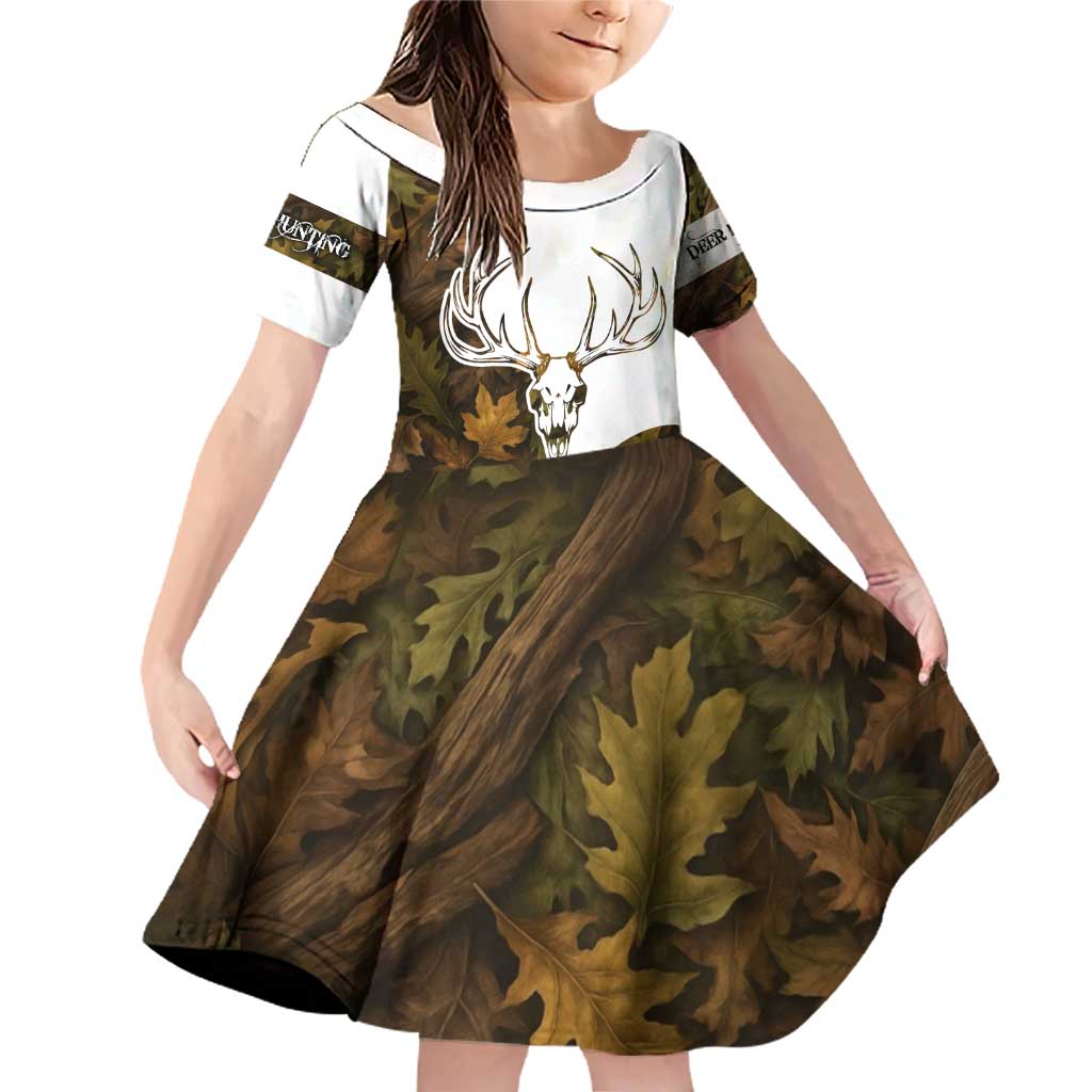Custom Deer Hunting Skull Family Matching Off Shoulder Short Dress and Hawaiian Shirt with Antlers Graphic on Autumn Leaf Camo Background - Wonder Print Shop