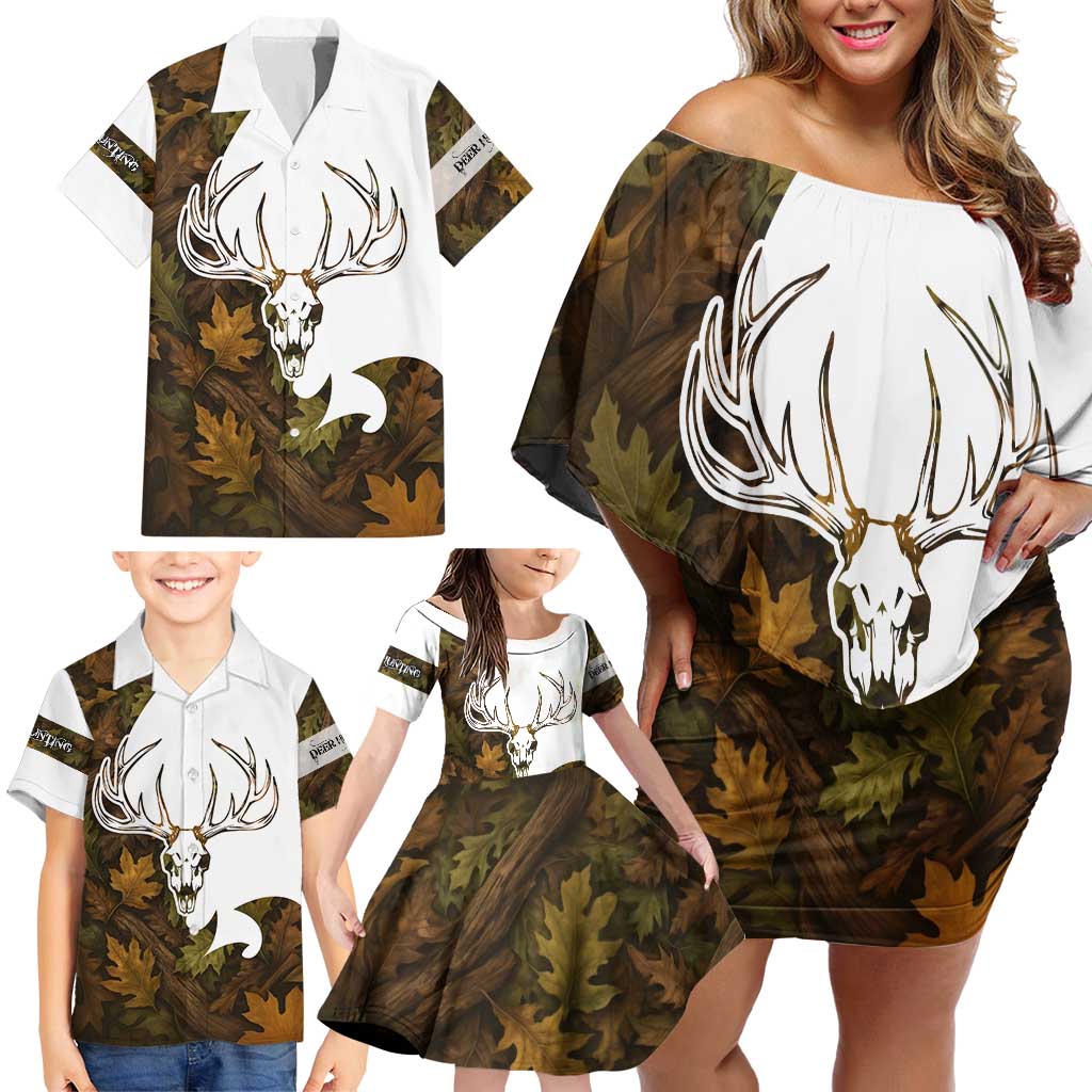 Custom Deer Hunting Skull Family Matching Off Shoulder Short Dress and Hawaiian Shirt with Antlers Graphic on Autumn Leaf Camo Background - Wonder Print Shop