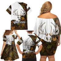 Custom Deer Hunting Skull Family Matching Off Shoulder Short Dress and Hawaiian Shirt with Antlers Graphic on Autumn Leaf Camo Background - Wonder Print Shop