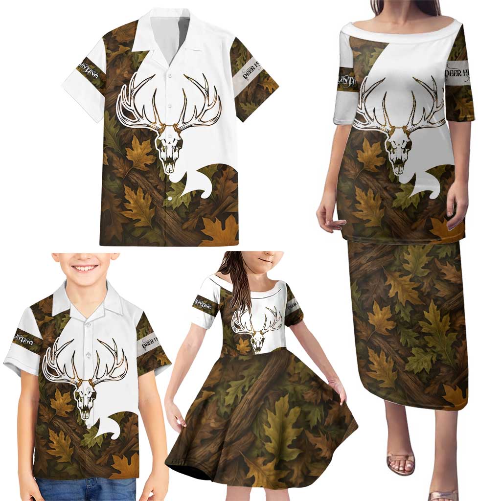 Custom Deer Hunting Skull Family Matching Puletasi and Hawaiian Shirt with Antlers Graphic on Autumn Leaf Camo Background - Wonder Print Shop