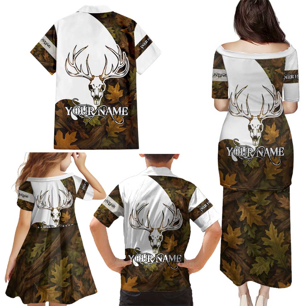 Custom Deer Hunting Skull Family Matching Puletasi and Hawaiian Shirt with Antlers Graphic on Autumn Leaf Camo Background - Wonder Print Shop