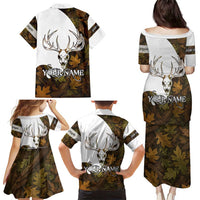 Custom Deer Hunting Skull Family Matching Puletasi and Hawaiian Shirt with Antlers Graphic on Autumn Leaf Camo Background - Wonder Print Shop