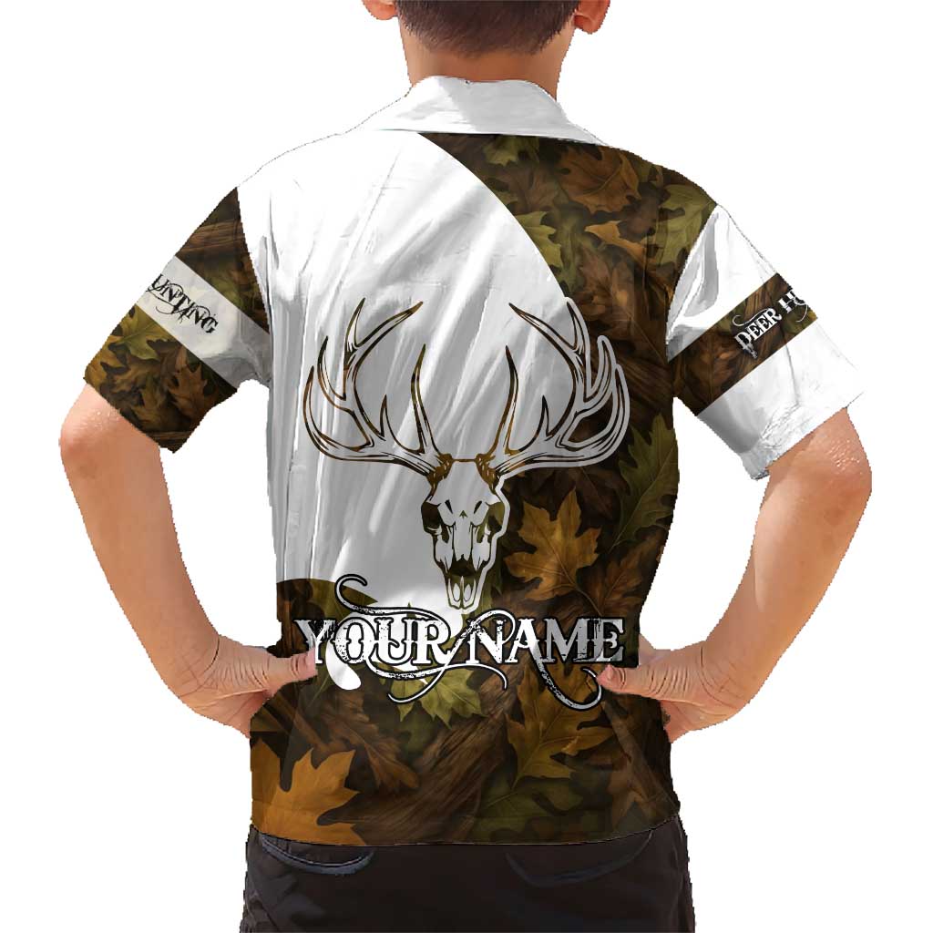 Custom Deer Hunting Skull Family Matching Short Sleeve Bodycon Dress and Hawaiian Shirt with Antlers Graphic on Autumn Leaf Camo Background - Wonder Print Shop